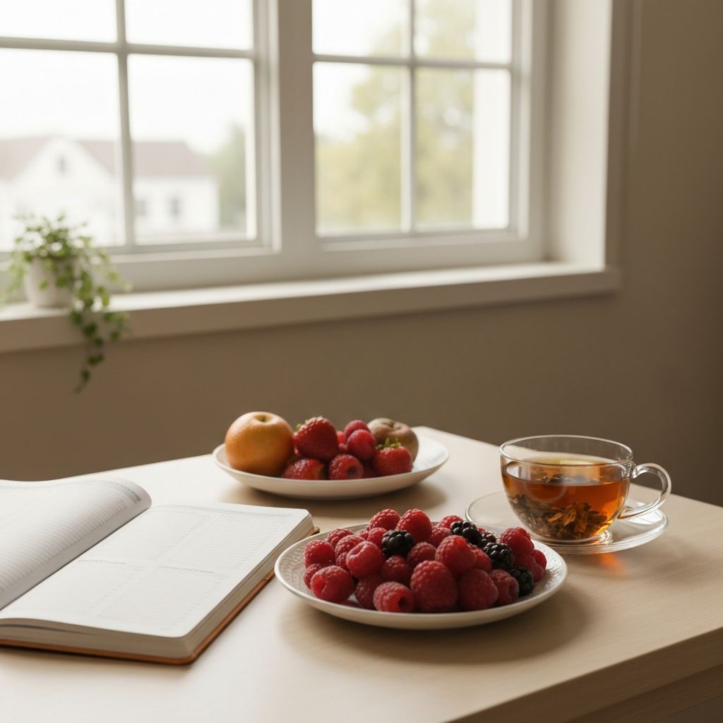 Calm planning workspace with fresh fruit and tea